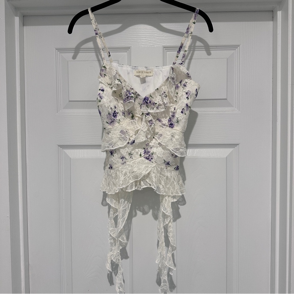 For Love And Lemons White and Purple Lace Camisole